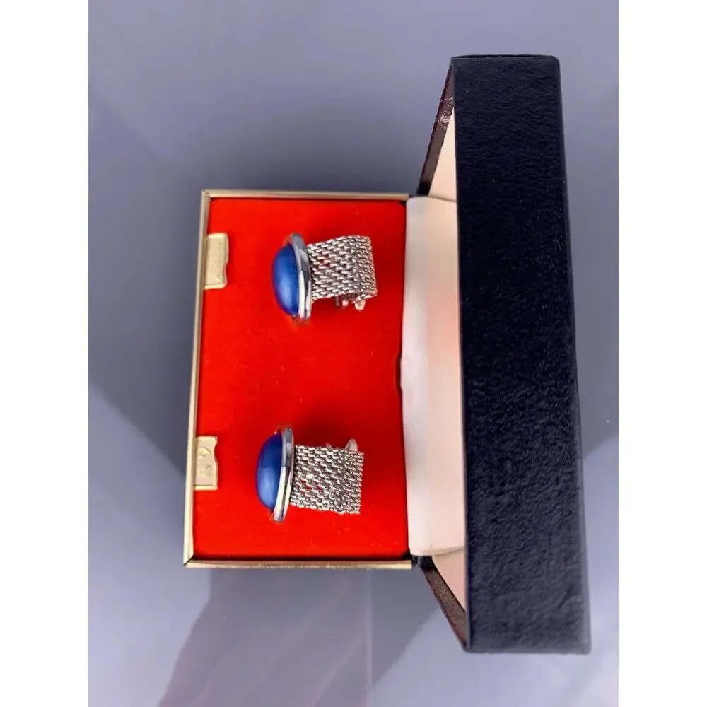 Blue Cabochon Rhodium Plated Cufflinks Chain Wrap Mid Century Foster Vintage NOS